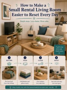 How to Make a Small Rental Living Room Easier to Reset Every Day 2 Editorial illustration for How to Make a Small Rental Living Room Easier to Reset Every Day