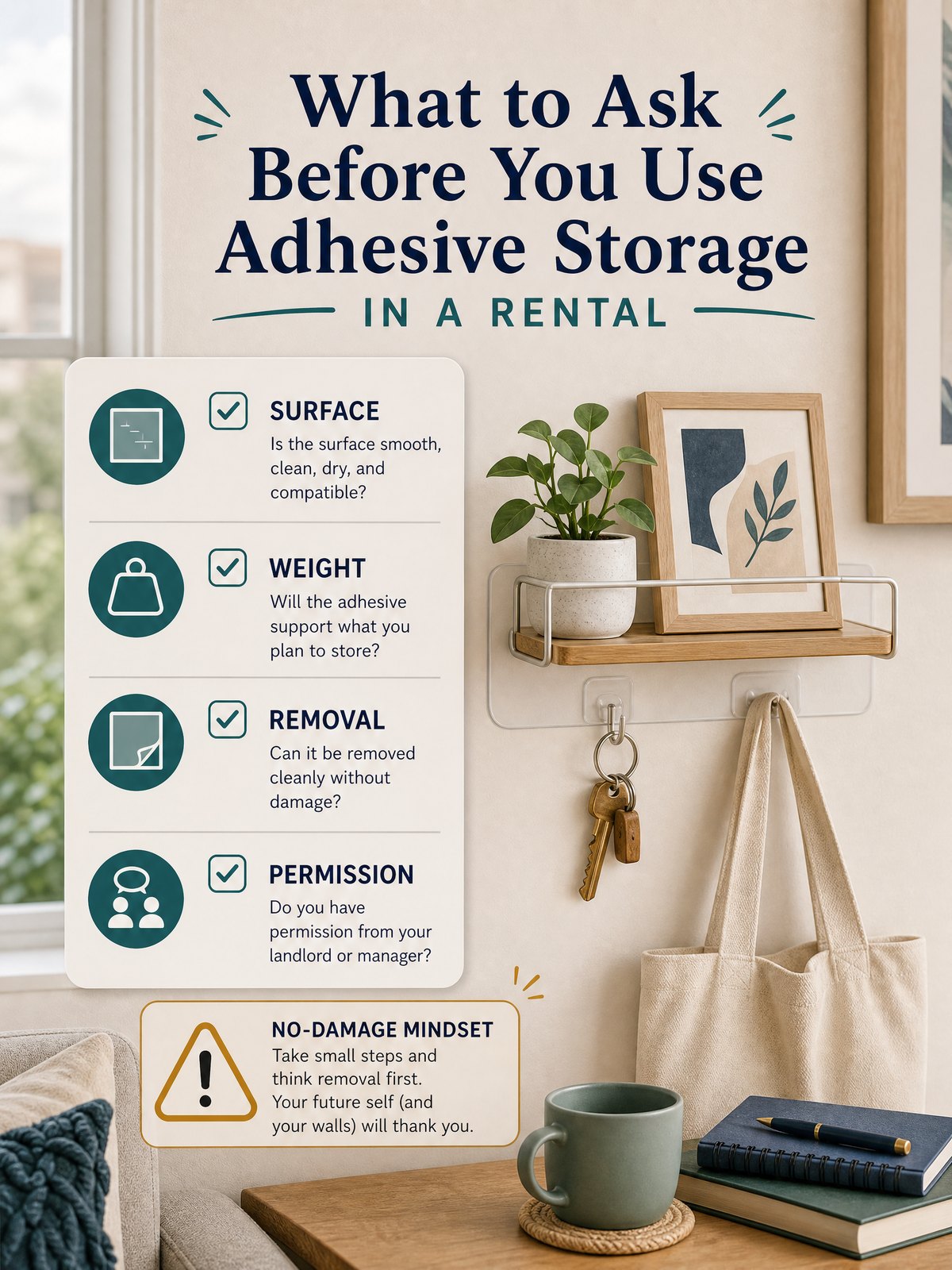 What to Ask Before You Use Adhesive Storage in a Rental 1 Editorial illustration for What to Ask Before You Use Adhesive Storage in a Rental