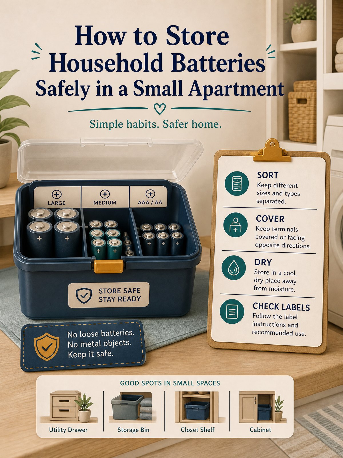 How to Store Household Batteries Safely in a Small Apartment 1 Editorial illustration for How to Store Household Batteries Safely in a Small Apartment