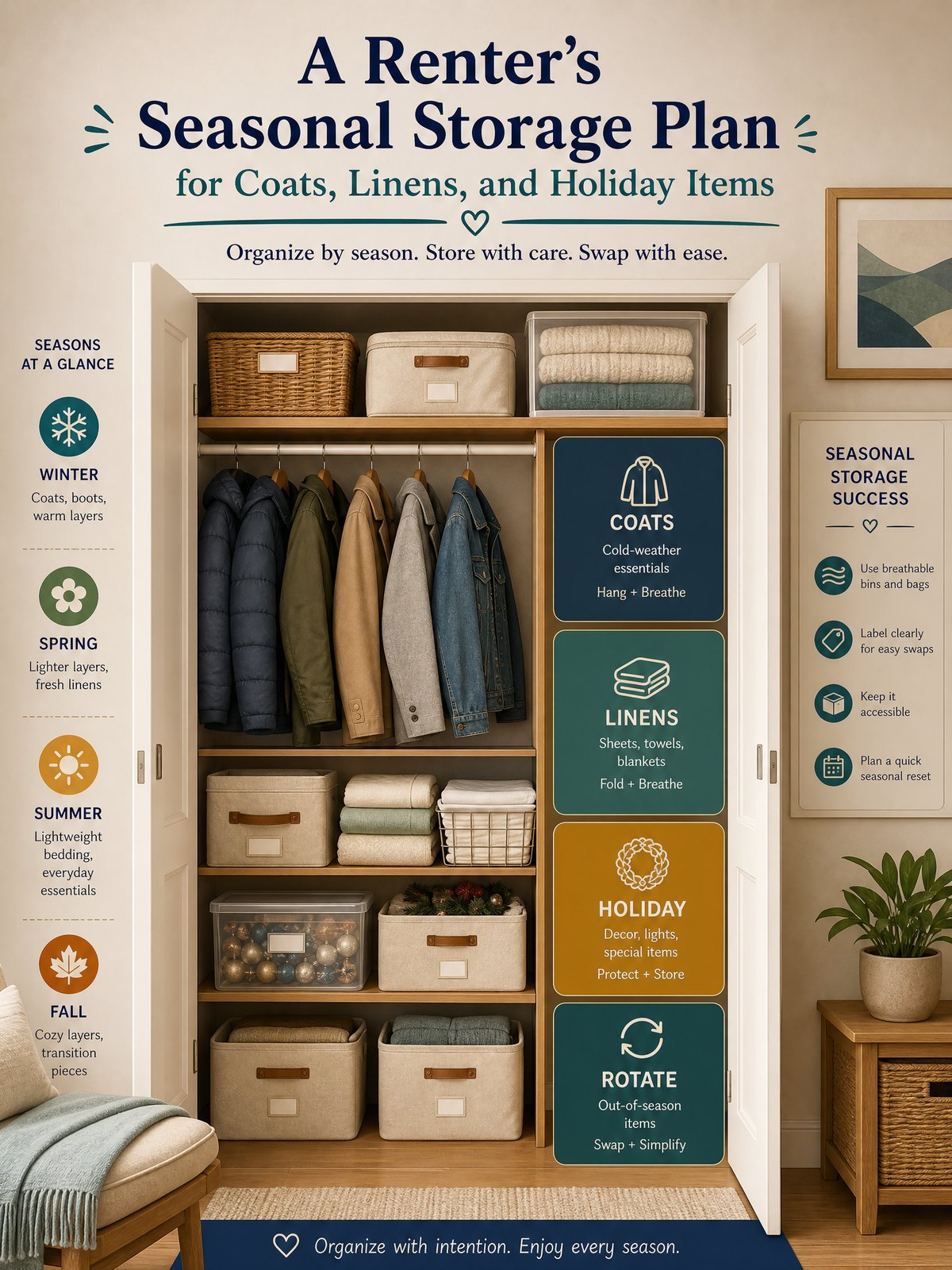 A Renter’s Seasonal Storage Plan for Coats, Linens, and Holiday Items 1 Editorial illustration for A Renter’s Seasonal Storage Plan for Coats, Linens, and Holiday Items