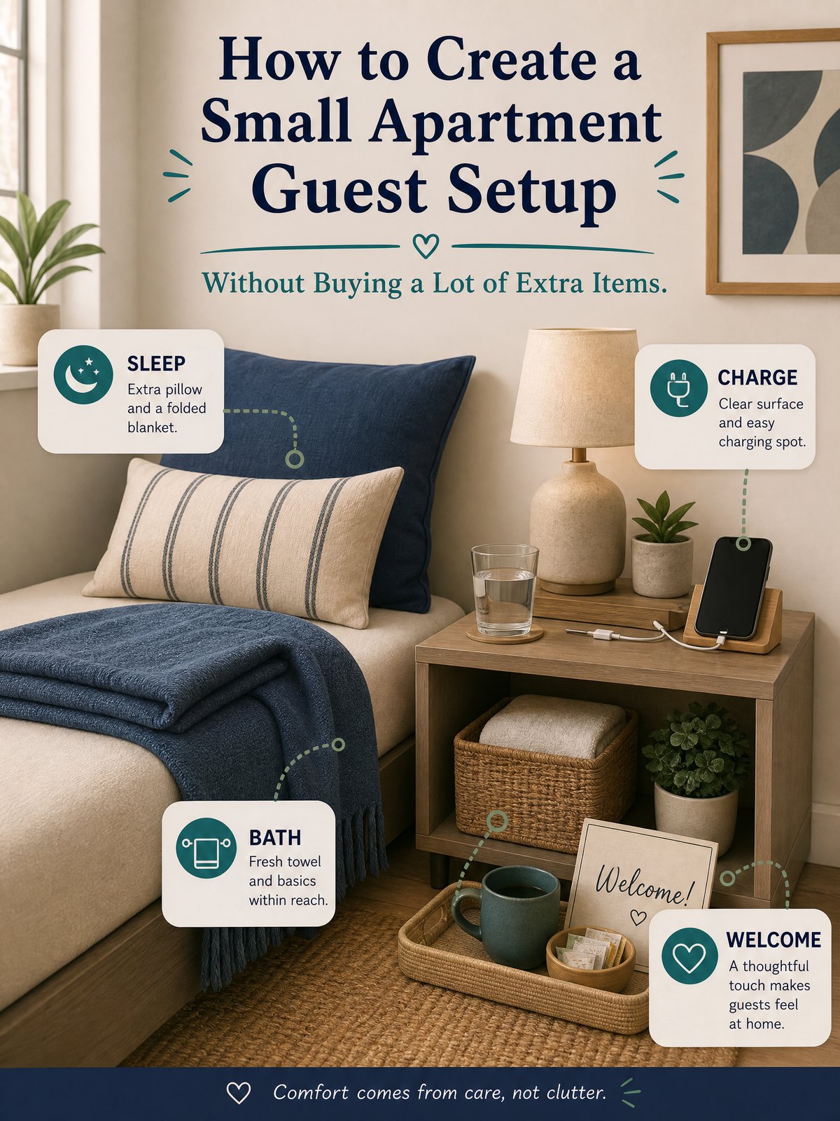 Editorial illustration for How to Create a Small Apartment Guest Setup Without Buying a Lot of Extra Items