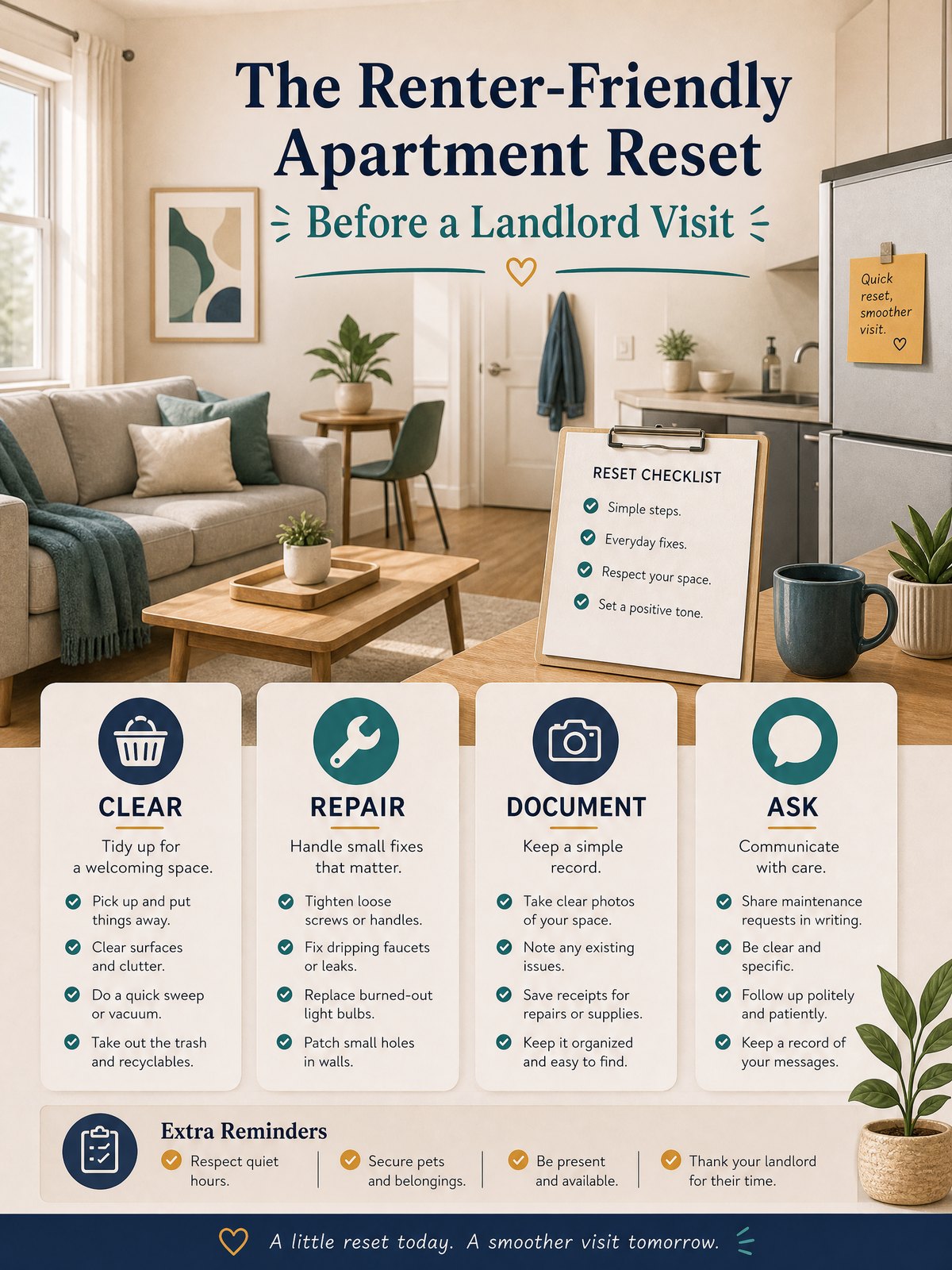 Editorial illustration for The Renter-Friendly Apartment Reset Before a Landlord Visit