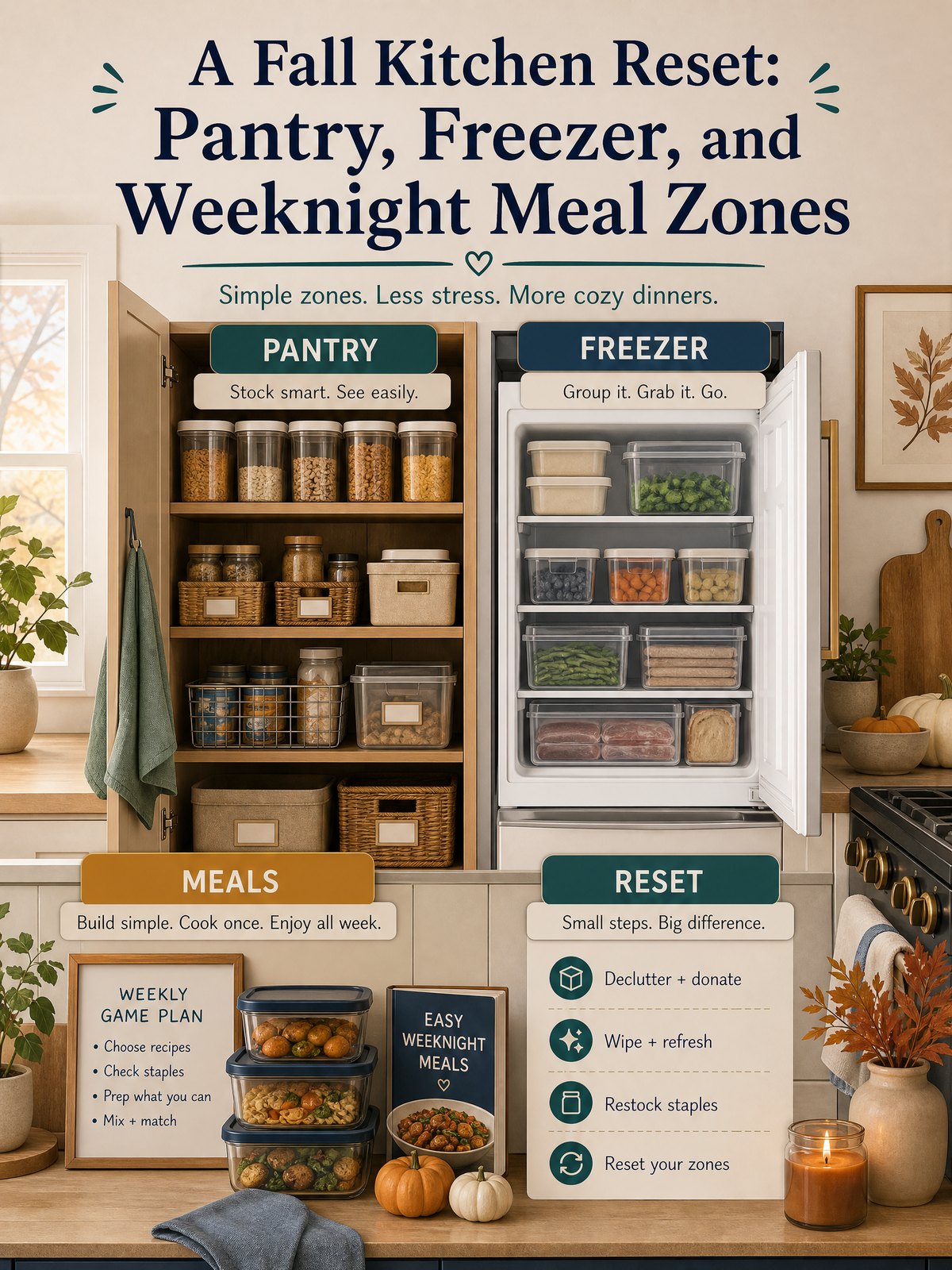 A Fall Kitchen Reset: Pantry, Freezer, and Weeknight Meal Zones 1 Editorial illustration for A Fall Kitchen Reset: Pantry, Freezer, and Weeknight Meal Zones