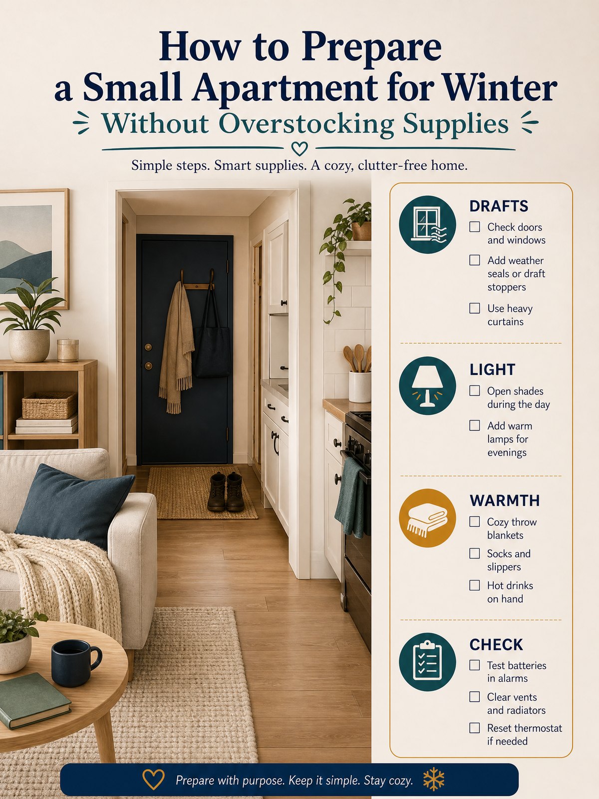How to Prepare a Small Apartment for Winter Without Overstocking Supplies 1 Editorial illustration for How to Prepare a Small Apartment for Winter Without Overstocking Supplies