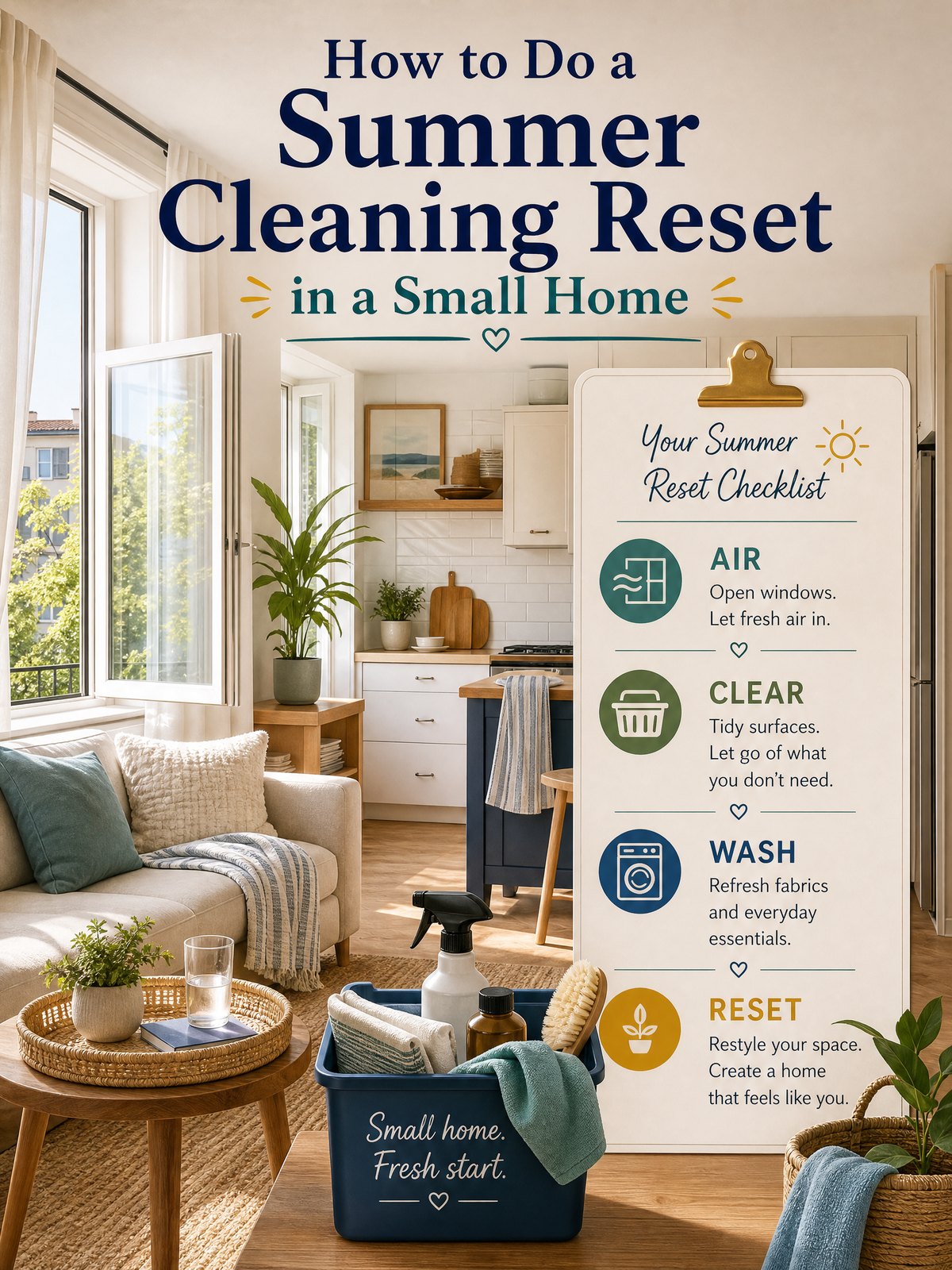 How to Do a Summer Cleaning Reset in a Small Home 1 Editorial illustration for How to Do a Summer Cleaning Reset in a Small Home