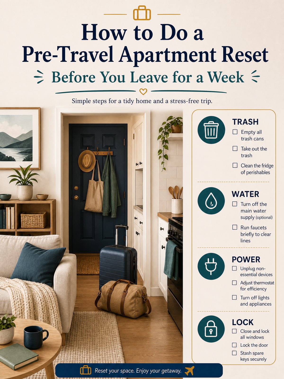 How to Do a Pre-Travel Apartment Reset Before You Leave for a Week 1 Editorial illustration for How to Do a Pre-Travel Apartment Reset Before You Leave for a Week