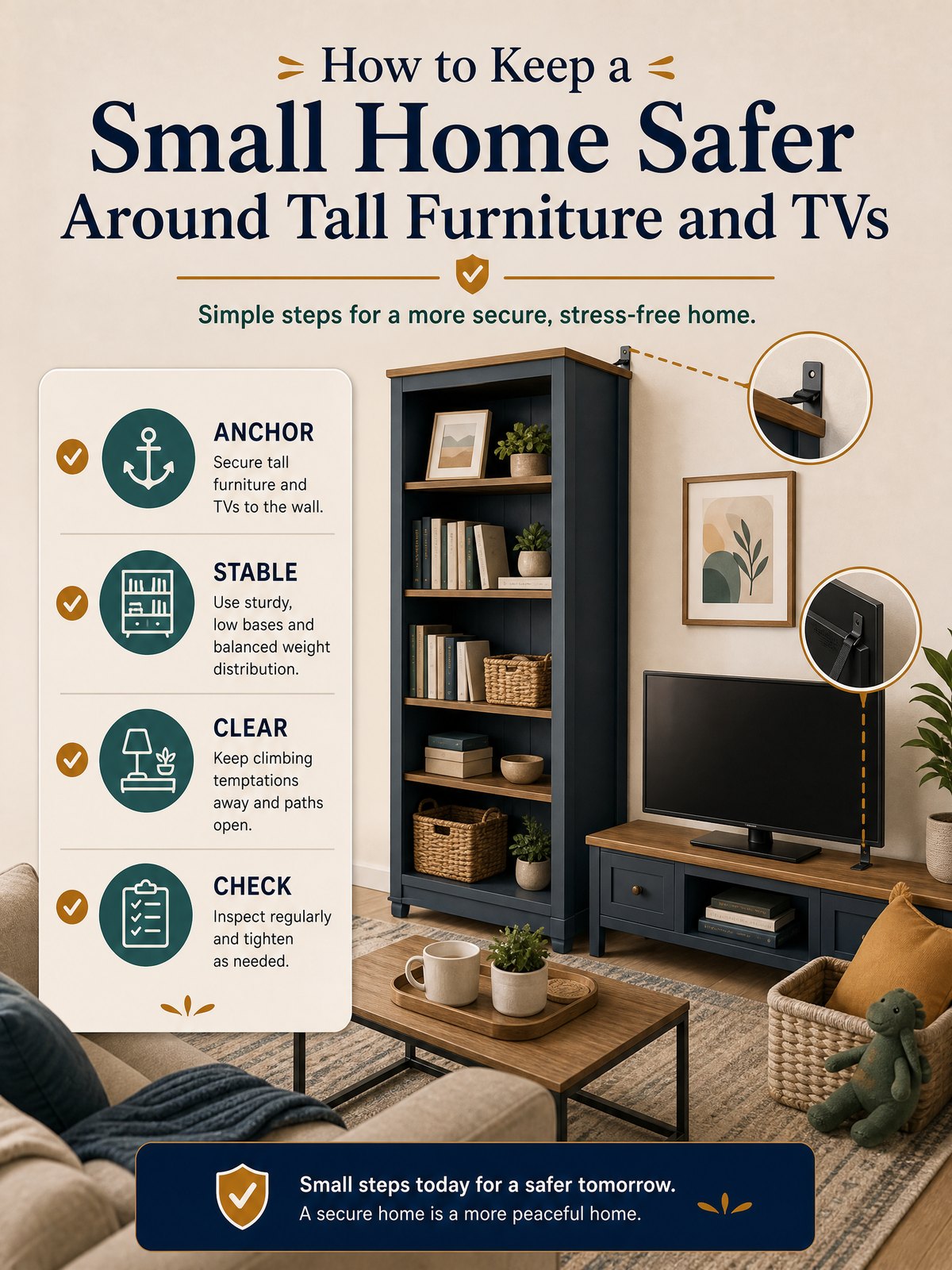 Editorial illustration for How to Keep a Small Home Safer Around Tall Furniture and TVs