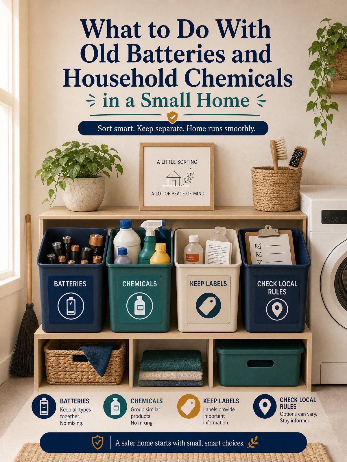 Editorial illustration for What to Do With Old Batteries and Household Chemicals in a Small Home