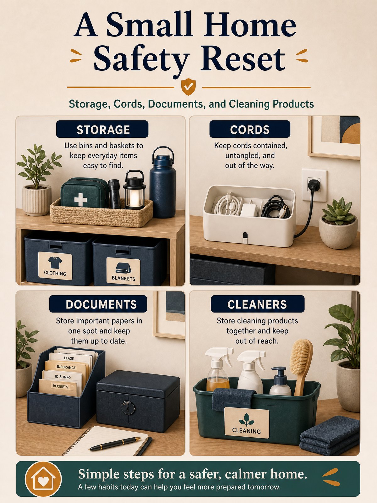 A Small Home Safety Reset: Storage, Cords, Documents, and Cleaning Products 1 Editorial illustration for A Small Home Safety Reset: Storage, Cords, Documents, and Cleaning Products